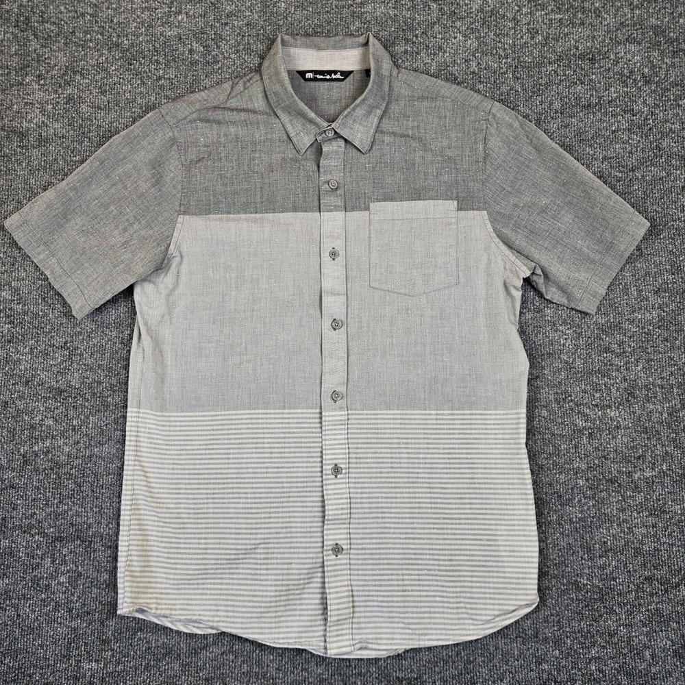Travis Mathew Button Up Shirt Mens M Gray Colorblock‎ Striped Short Sleeve